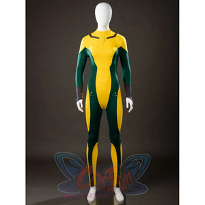 Front view of Rogue Anna Marie cosplay costume bodysuit with yellow center panel, green sides, gray gloves, and studs