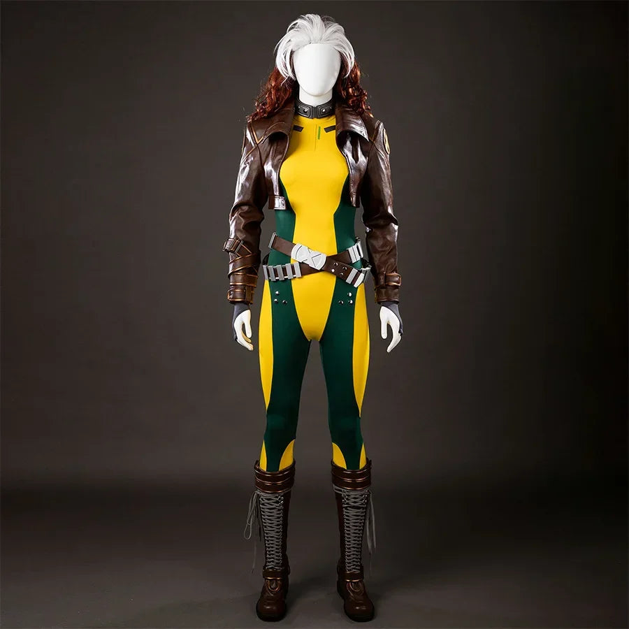 Front full view of Rogue Anna Marie cosplay costume with brown jacket, yellow green bodysuit, waist belt, and gloves