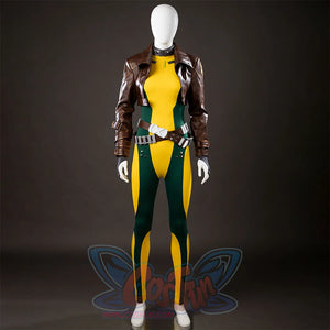 Front view of Rogue Anna Marie cosplay costume on a mannequin with brown jacket, yellow green bodysuit, belt, and gloves