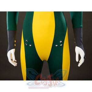 Lower front detail of Rogue Anna Marie cosplay costume with yellow green bodysuit, gray gloves, and silver studs