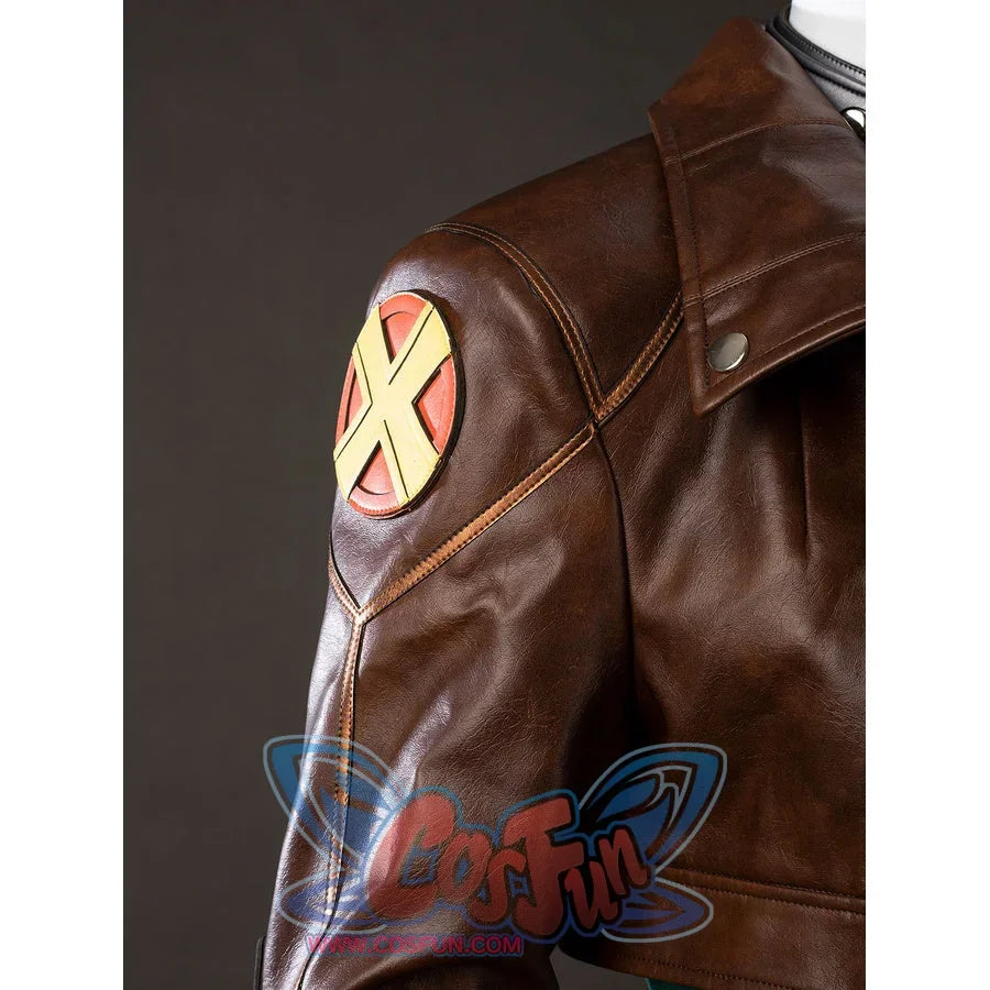 Shoulder close-up of Rogue Anna Marie cosplay costume brown jacket with red yellow X patch and stitched sleeve panel