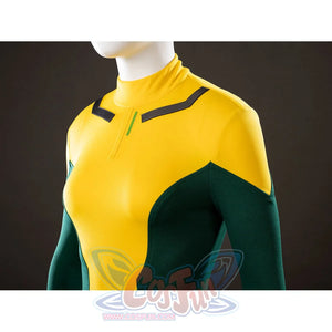 Upper side view of Rogue Anna Marie cosplay costume with yellow chest panel, green sleeve, black trim, and high collar
