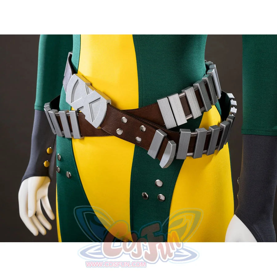 Close-up of Rogue Anna Marie cosplay costume waist belt with brown straps, gray pouches, silver buckle, and studs