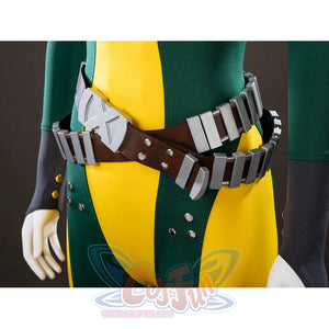 Close-up of Rogue Anna Marie cosplay costume waist belt with brown straps, gray pouches, silver buckle, and studs