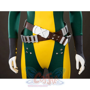Waist belt front detail of Rogue Anna Marie cosplay costume with brown straps, gray pouches, silver buckle, and studs