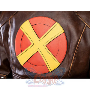 Close-up of Rogue Anna Marie cosplay costume back emblem with red circle, yellow X design, and brown jacket panels