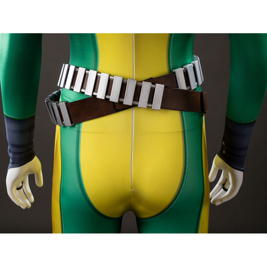 Back view detail of Rogue cosplay bodysuit with crossed brown belts and silver buckle accents over the yellow and green panels