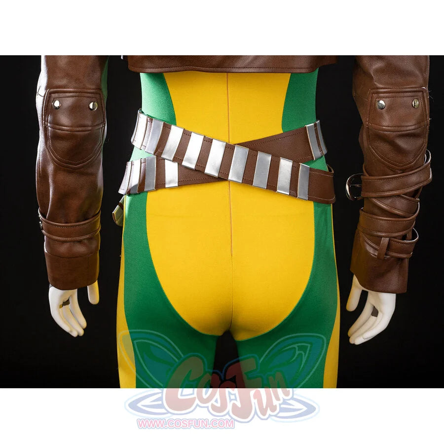 Back view of Rogue cosplay bodysuit with crossed brown belts, yellow-green panels, and long brown sleeves