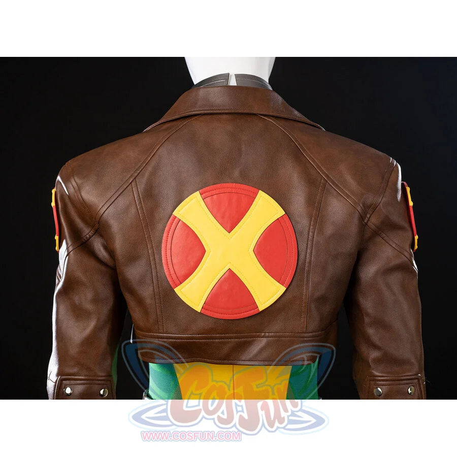 Close-up of Rogue Anna Marie jacket back featuring a red circular patch with a raised yellow X emblem