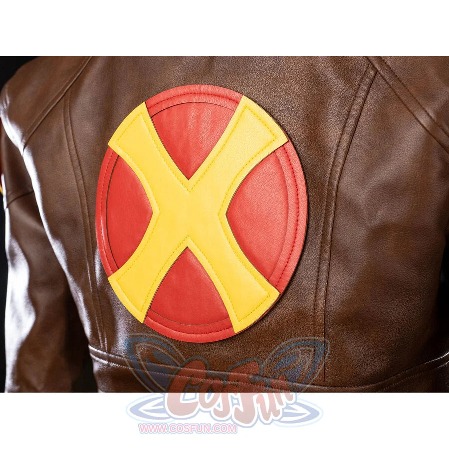 Back view of Rogue Anna Marie bodysuit with crossed brown belts and cropped jacket