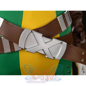 Close-up of Rogue Anna Marie costume with crossed brown belts and a large silver X-shaped buckle detail