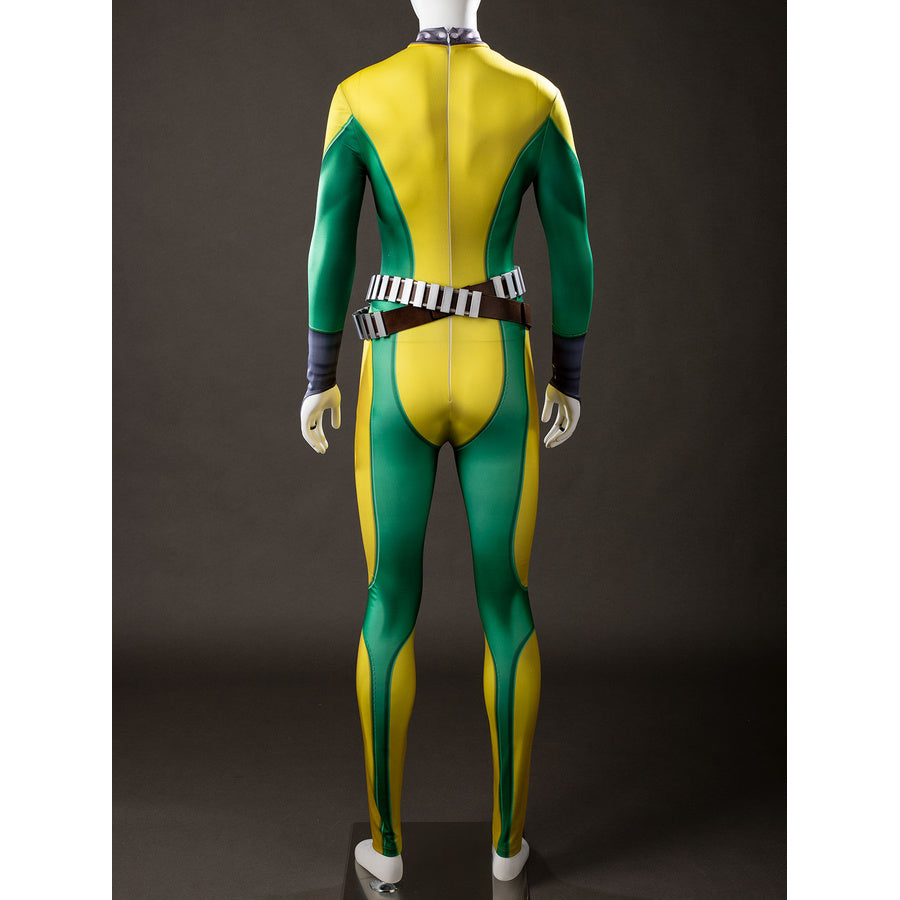 Back view of Rogue cosplay bodysuit on a mannequin with the brown utility belt, gloves, and zipper back
