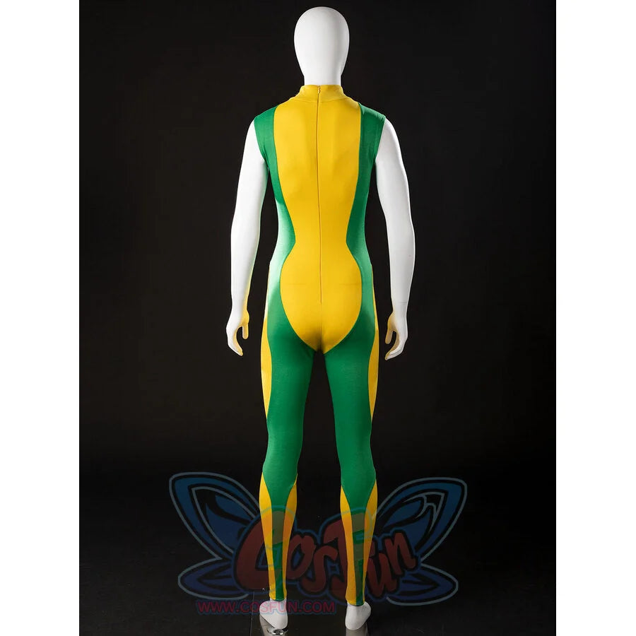 Back view of Rogue Anna Marie cosplay bodysuit with green side panels and a back zipper