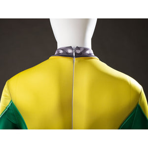 Back view of Rogue cosplay bodysuit with a center back zipper and gray collar on yellow and green panels
