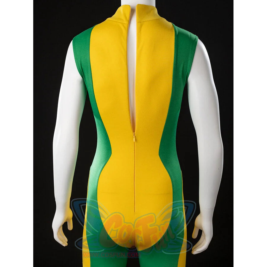Back view of Rogue cosplay sleeveless bodysuit with a deep open back and center zipper detail