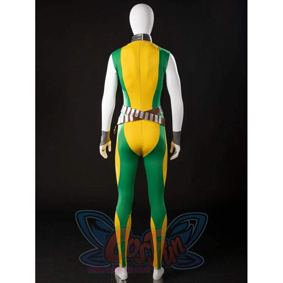 Back view of Rogue Anna Marie cosplay bodysuit with crossed belts and gray wrist cuffs
