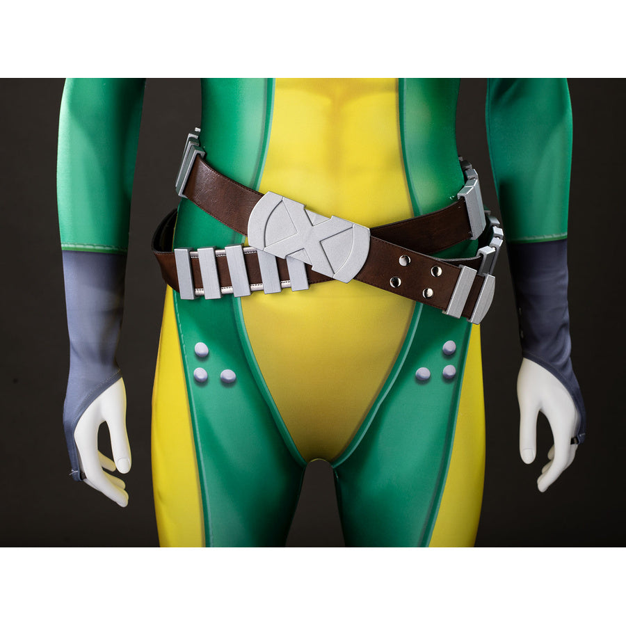 Close-up of Rogue cosplay bodysuit with the brown X-Men belt, green sleeve, yellow panel, and gray glove