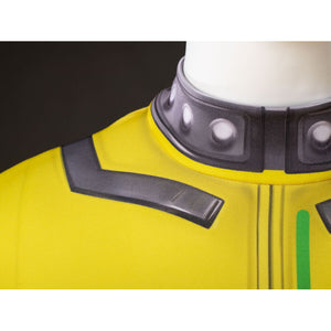 Close-up of Rogue cosplay bodysuit collar with the gray neck detail over the yellow upper section