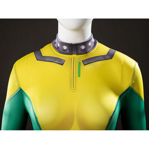 Close-up of Rogue cosplay bodysuit front with the yellow chest, green panels, and gray high collar detail