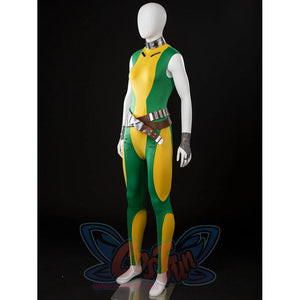 Angled view of Rogue Anna Marie cosplay bodysuit with crossed belts, gloves, and metallic collar