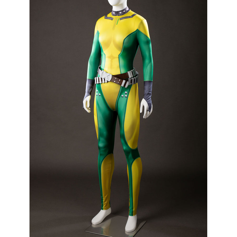 Front view of Rogue cosplay bodysuit on a mannequin with the brown utility belt, gloves, and gray collar