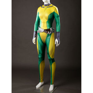 Front view of Rogue cosplay bodysuit on a mannequin with the brown utility belt, gloves, and gray collar