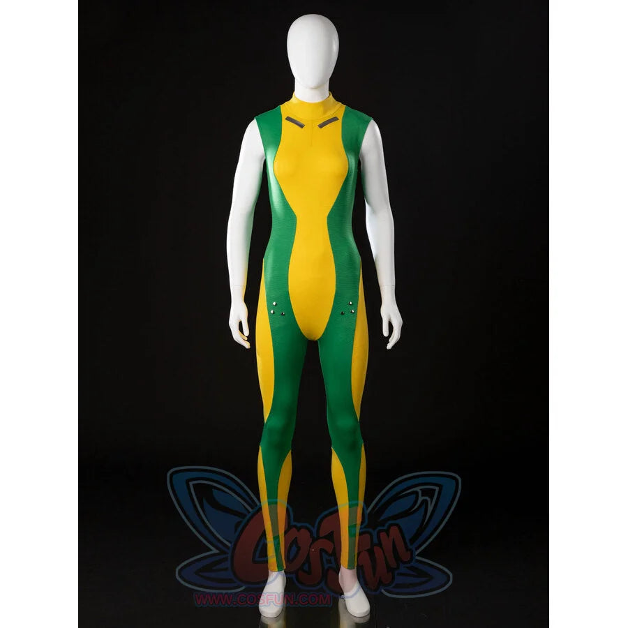 Front view of Rogue Anna Marie cosplay bodysuit with green side panels and a high mock neck