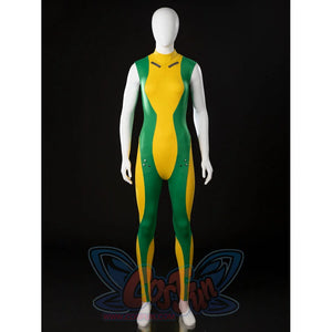 Front view of Rogue Anna Marie cosplay bodysuit with green side panels and a high mock neck