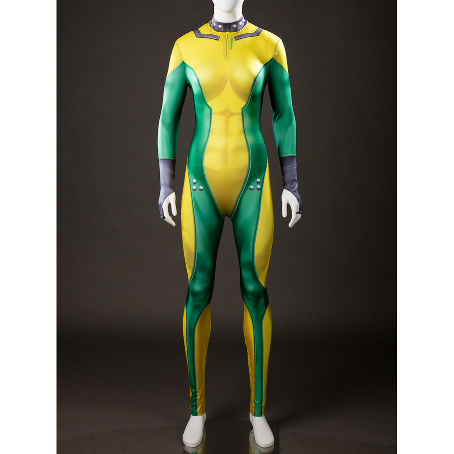Front view of Rogue cosplay bodysuit on a mannequin in green and yellow with gray gloves and a high collar
