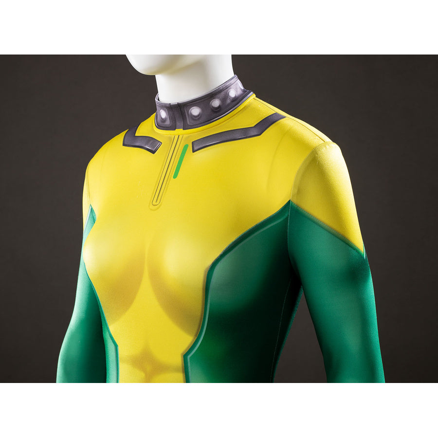 Close-up of Rogue cosplay bodysuit front with the yellow and green panels, gray collar, and center zipper detail