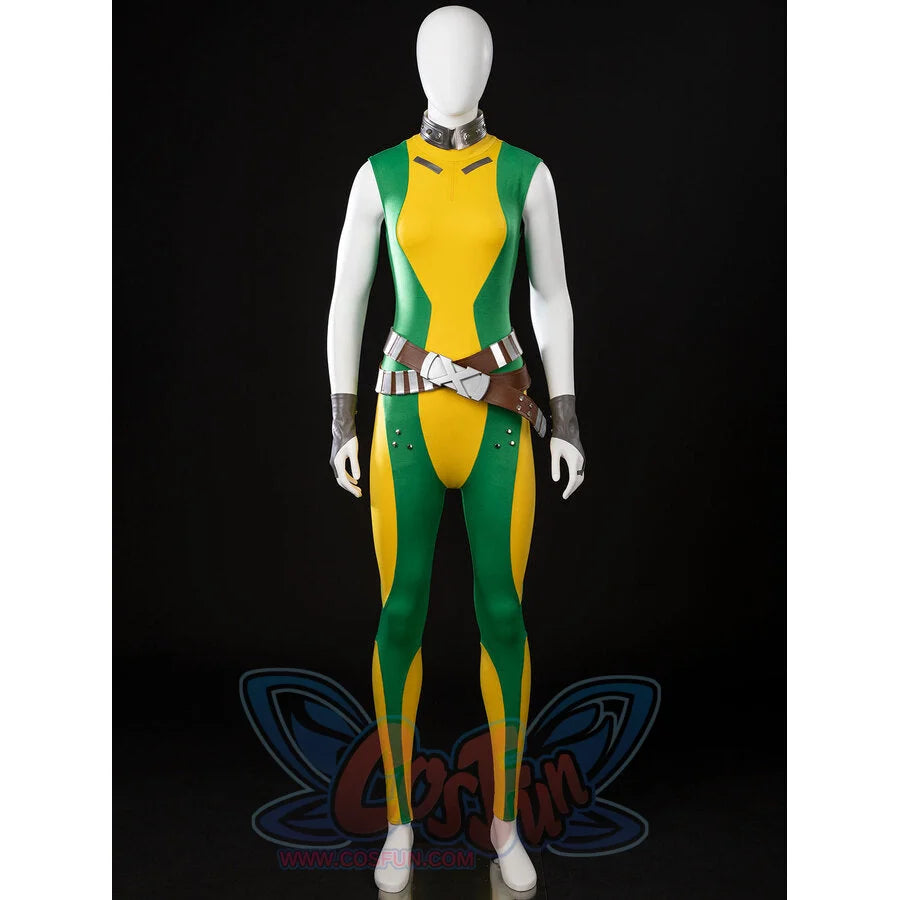 Front view of Rogue Anna Marie cosplay bodysuit with belts, wrist cuffs, and metallic collar