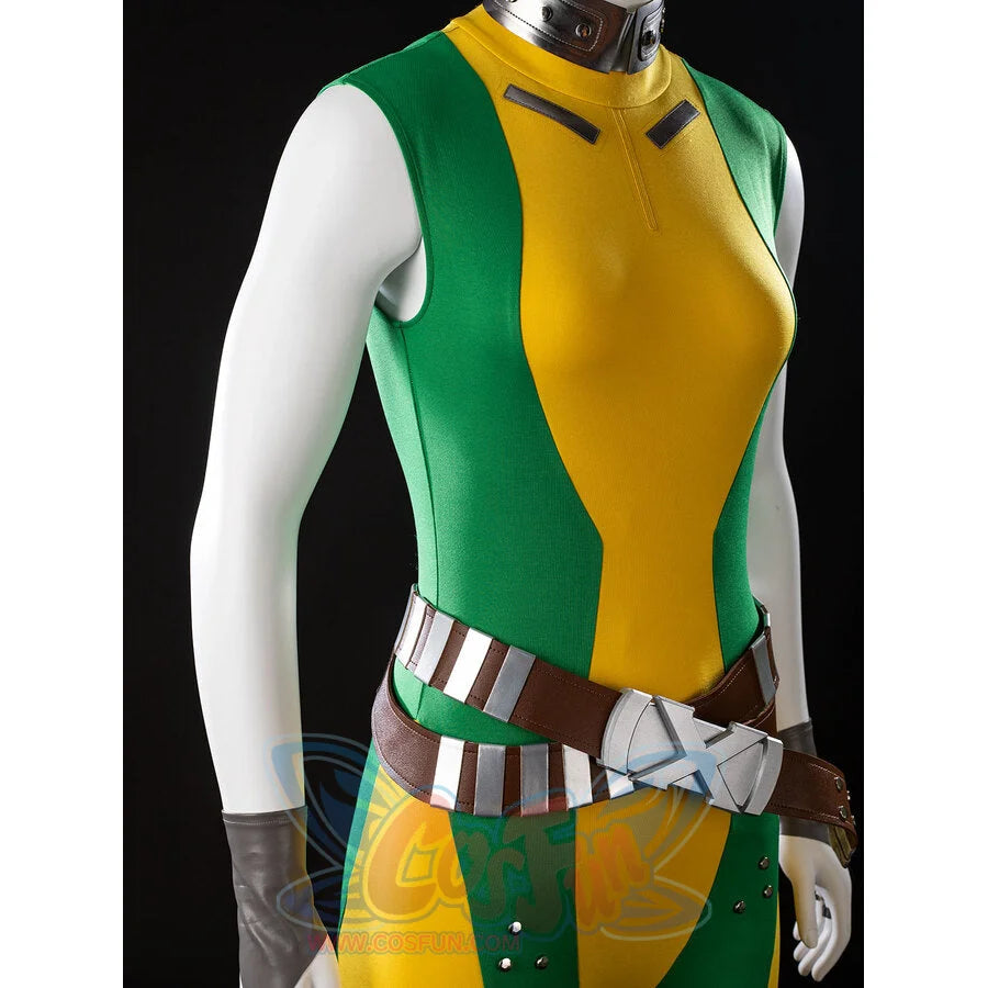 Side view of Rogue cosplay bodysuit with a silver collar, crossed brown belt, and green-yellow panels
