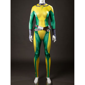 Upper body view of Rogue cosplay bodysuit on a mannequin with the gray collar, brown belt, and white cuffs