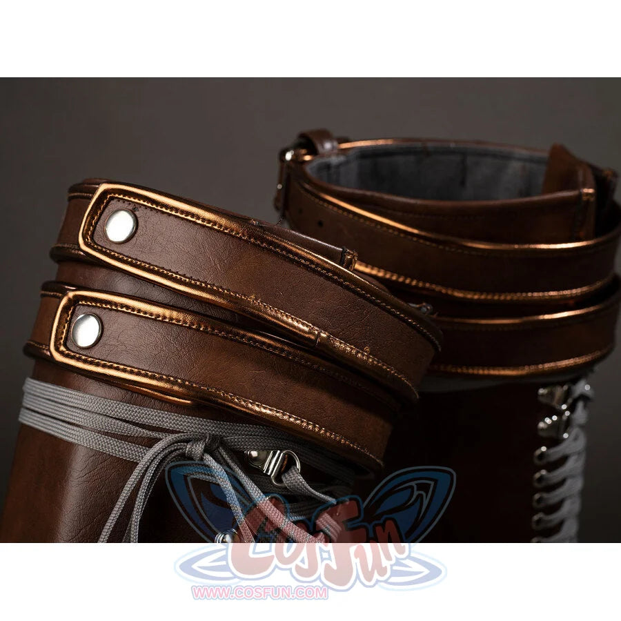 Close-up of Rogue cosplay costume boot cuffs with brown wrap straps, snap buttons, stitching, and gray lining