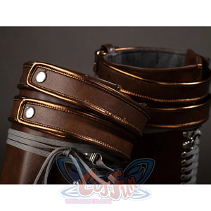 Close-up of Rogue cosplay costume boot cuffs with brown wrap straps, snap buttons, stitching, and gray lining