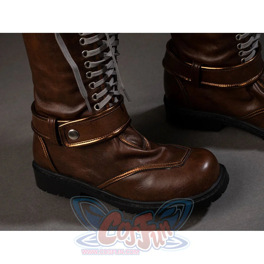 Close-up of Rogue cosplay costume boot toe with brown stitching, ankle strap, gray laces, and black lug sole