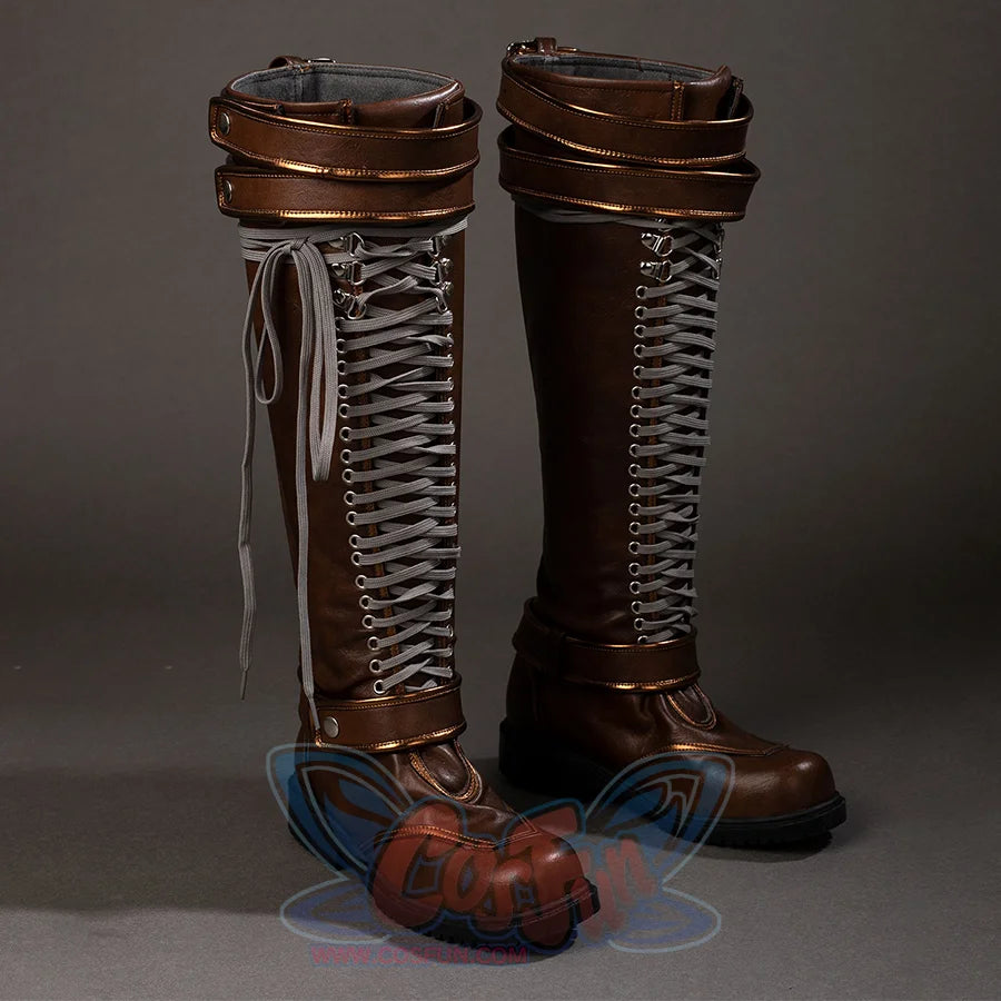 Front view of Rogue cosplay costume boots with brown shafts, gray laces, folded straps, and black soles