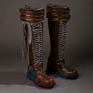 Angled view of Rogue cosplay costume boots with brown panels, gray laces, metal eyelets, and black soles