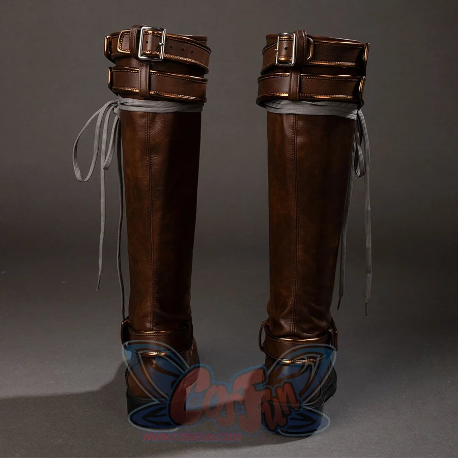 Back view of Rogue cosplay costume boots with rear seams, folded buckle straps, gray laces, and black soles