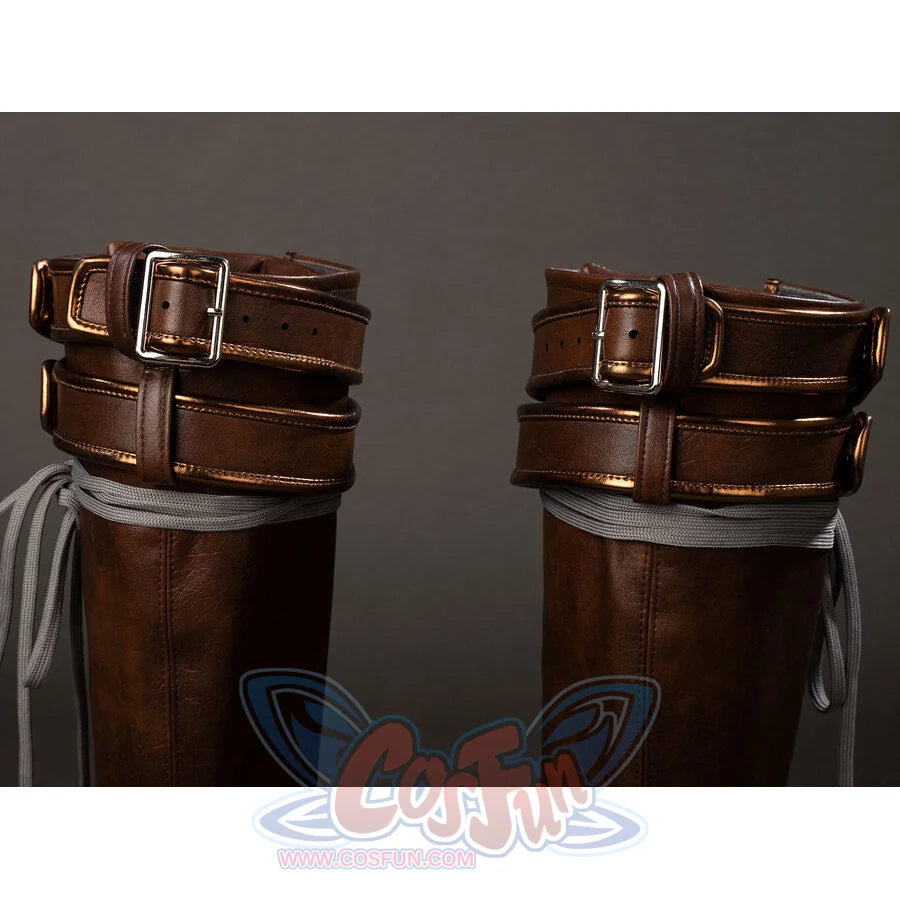 Top close-up of Rogue cosplay costume boots with folded straps, square buckles, punched holes, and gray laces