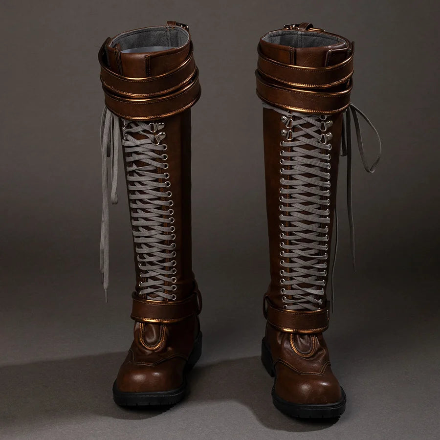 Front view of Rogue cosplay costume boots with brown shafts, gray laces, folded straps, and black soles