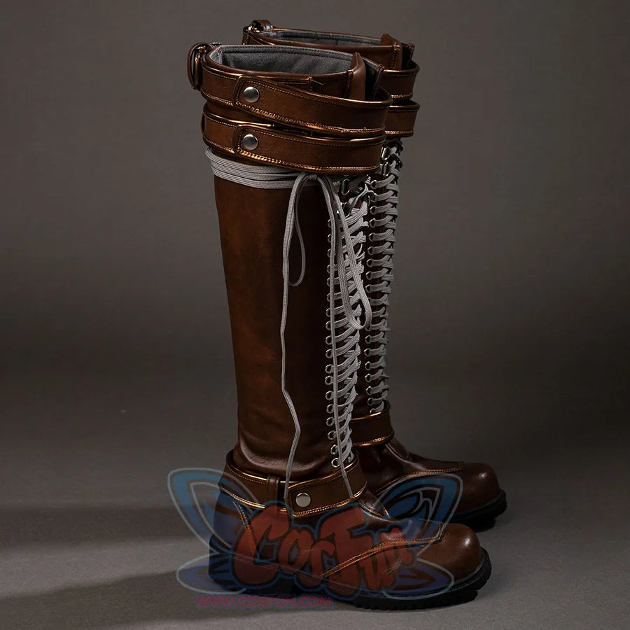 Side view of Rogue cosplay costume boots with tall brown shafts, gray lace panel, top straps, and black soles