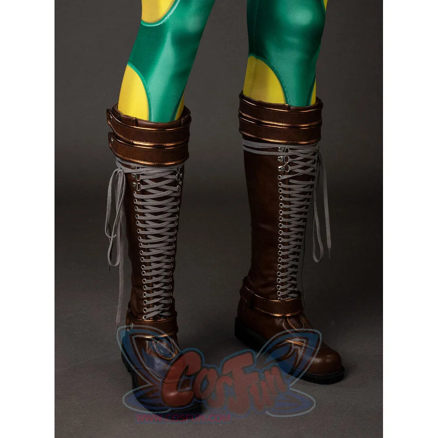 Front worn view of Rogue cosplay costume boots with brown shafts, gray laces, green leggings, and black soles