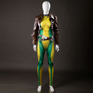 Flat lay of Rogue cosplay costume set with the bodysuit, cropped jacket, belt, gloves, boots, and wig arranged on a dark background
