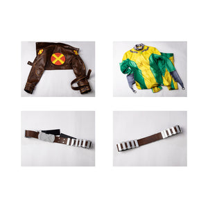 Collage flat lay of Rogue cosplay costume set with the cropped jacket, bodysuit, and belt shown on a white background