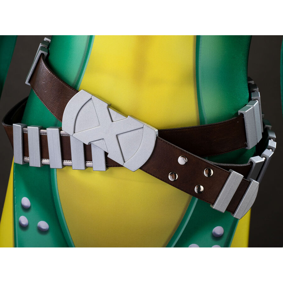 Close-up front waist view of Rogue cosplay brown crossbody belt with silver segmented buckle details over the green and yellow bodysuit