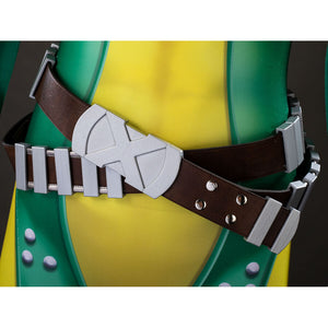 Close-up front waist view of Rogue cosplay brown crossbody belt with silver segmented buckle details over the green and yellow bodysuit