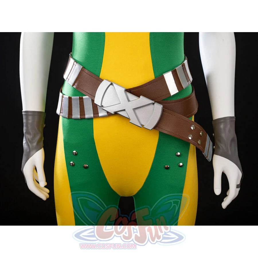 Close-up of Rogue cosplay crossed brown belts with a large silver buckle over the green and yellow bodysuit