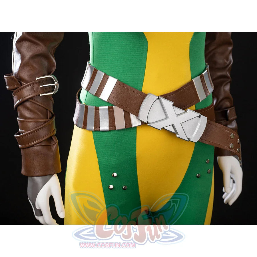 Close-up of Rogue Anna Marie bodysuit with crossed brown belts, silver accents, and wrapped gauntlet sleeves