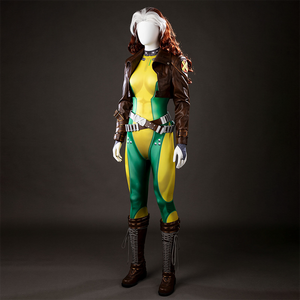 Front angled view of Rogue cosplay costume on a mannequin with a green and yellow bodysuit, cropped brown jacket, belt, gloves, and boots